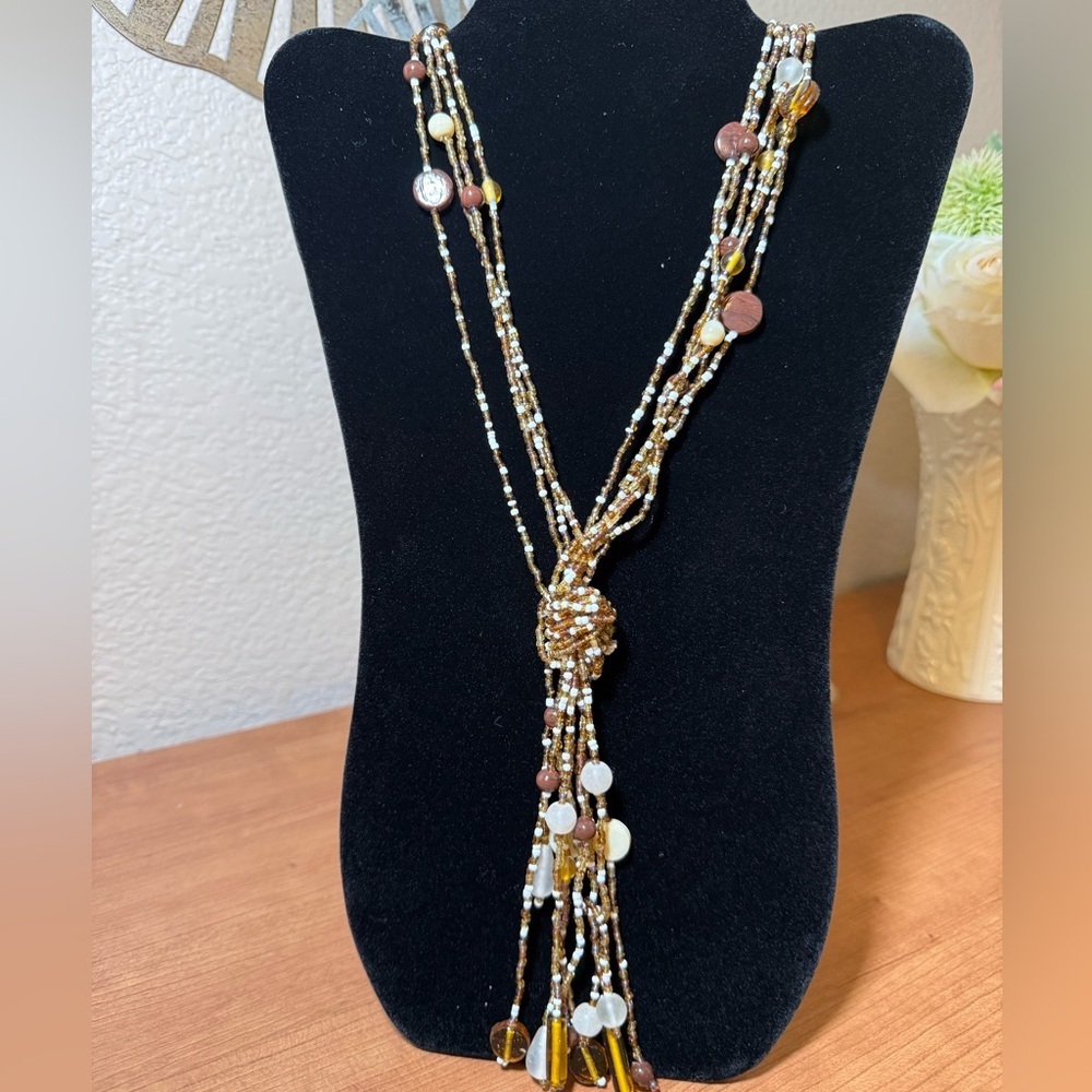 Vintage Multi Strand Glass Bead Necklace Knotted Tassel 20" Amber And Cream